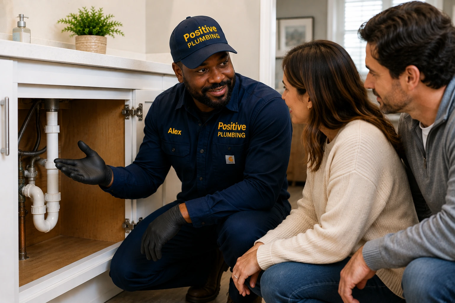 Positive Plumbing technician Alex reviewing the completed emergency plumbing repair with homeowners in Northwood, Irvine, CA.