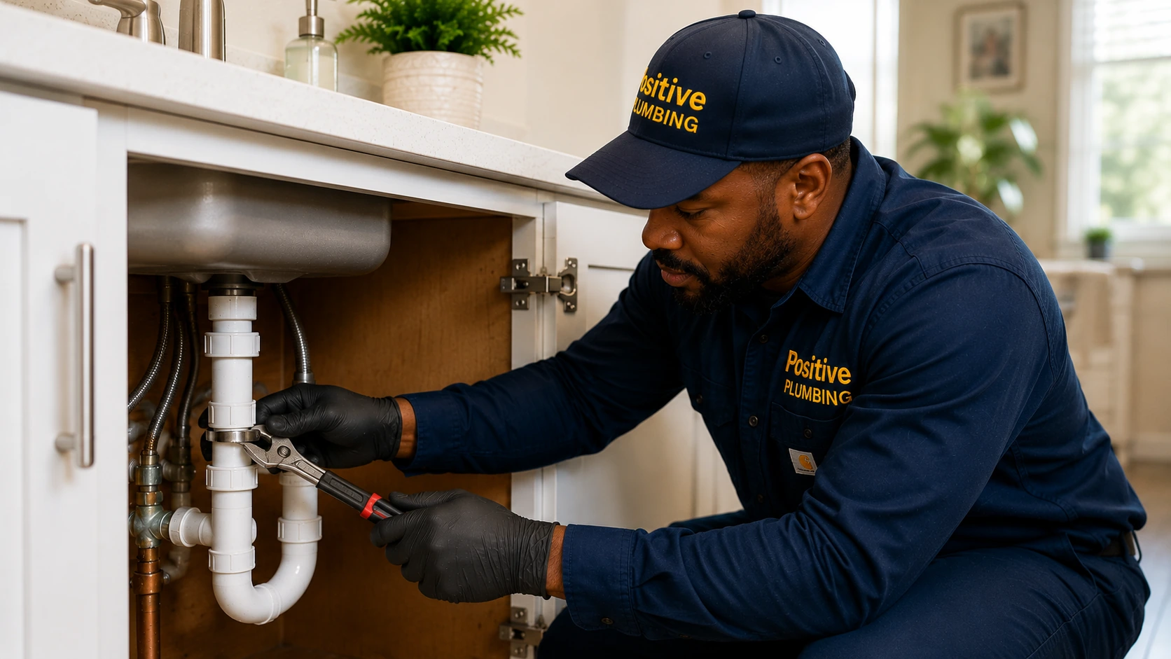 Positive Plumbing technician Alex completing an emergency plumbing repair beneath a sink in Northwood, Irvine, CA.