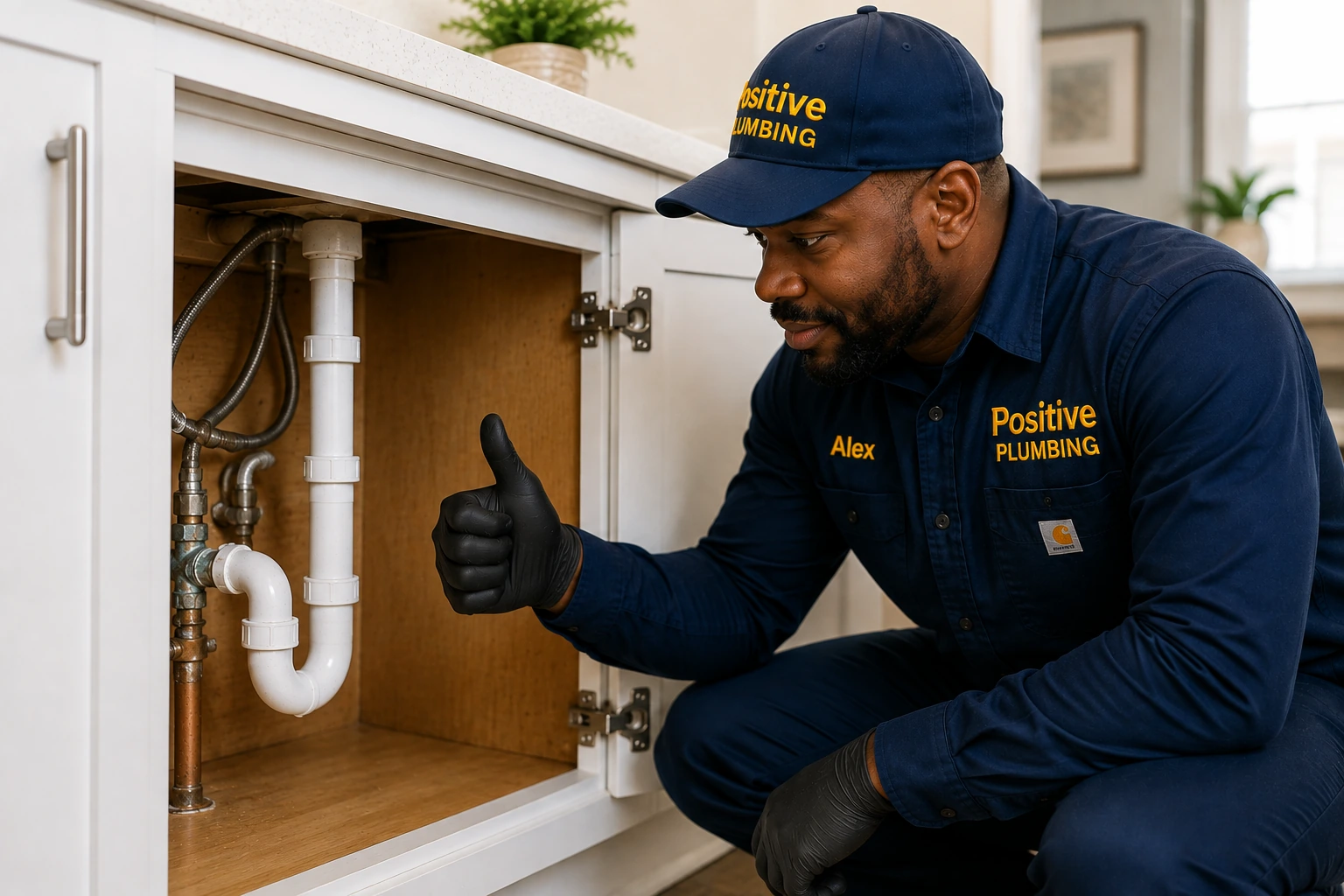 Positive Plumbing technician Alex inspecting the completed emergency plumbing repair beneath a sink in Northwood, Irvine, CA.