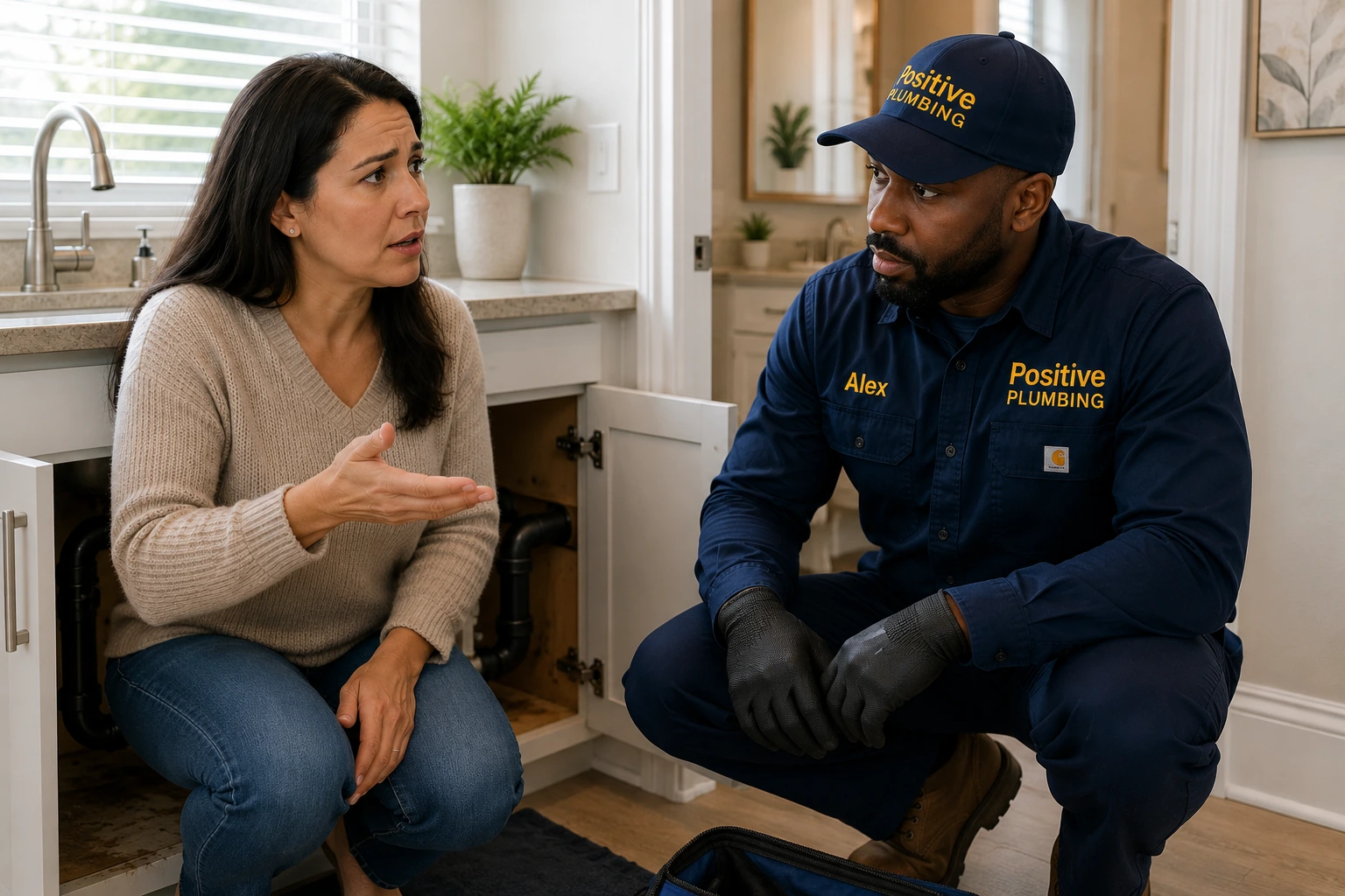 Positive Plumbing technician Alex discussing an emergency plumbing problem with a homeowner near the affected plumbing in Northwood, Irvine, CA.