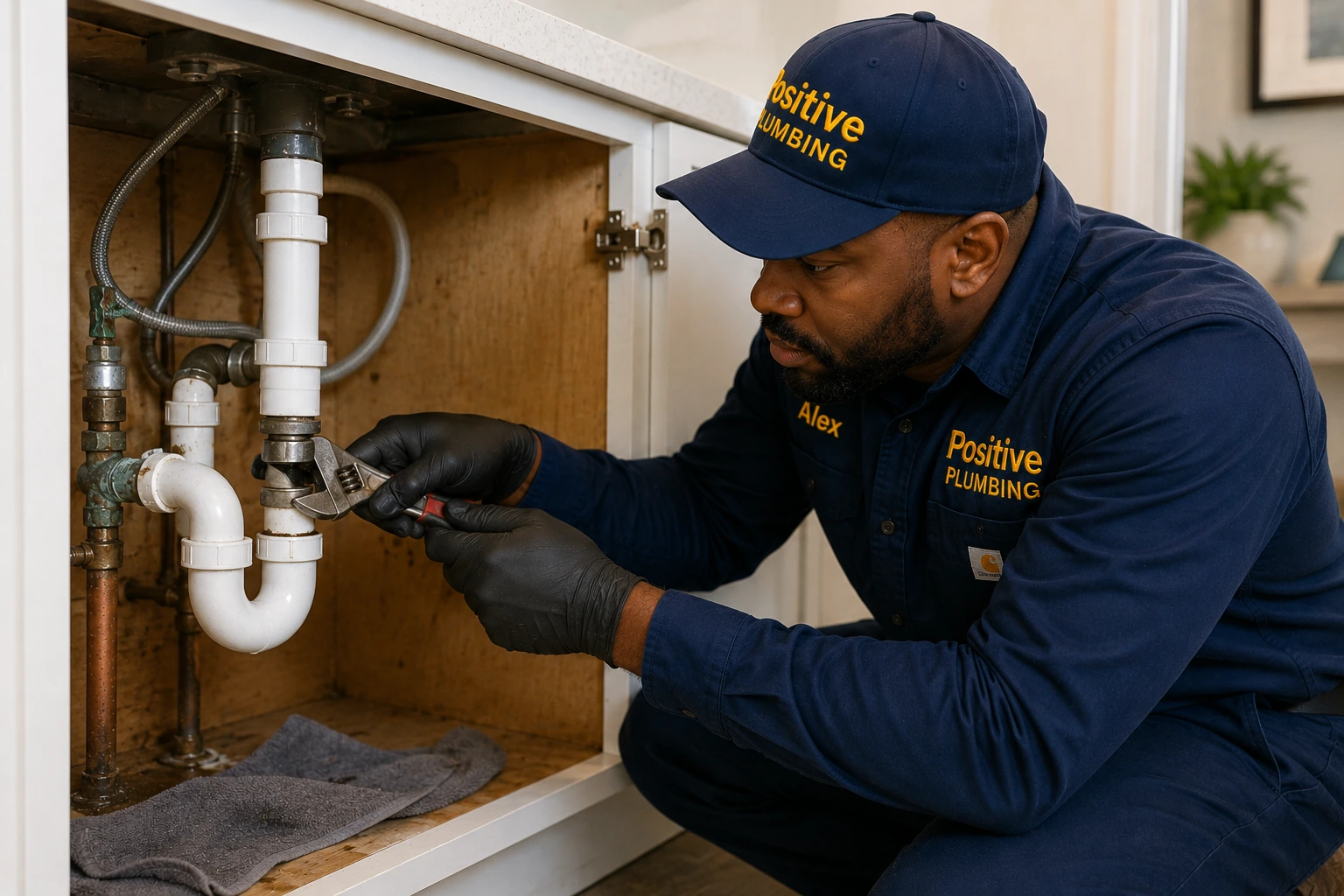 Positive Plumbing technician Alex repairing the affected plumbing connection during an emergency plumbing repair in Northwood, Irvine, CA.