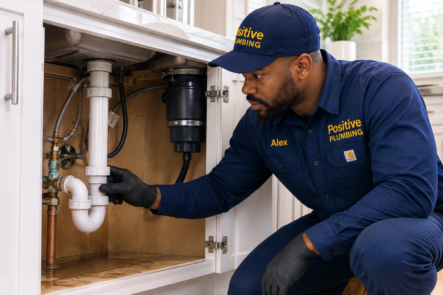 Positive Plumbing technician Alex inspecting the affected plumbing line and nearby connections during an emergency plumbing repair in Northwood, Irvine, CA.