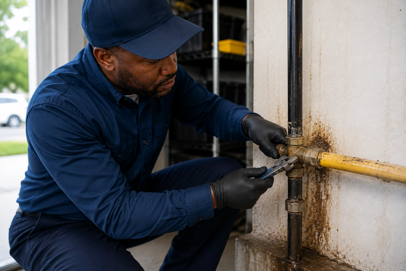 Positive Plumbing technician Alex repairing an affected residential gas line during a project in Orchard Hills, Irvine, CA.