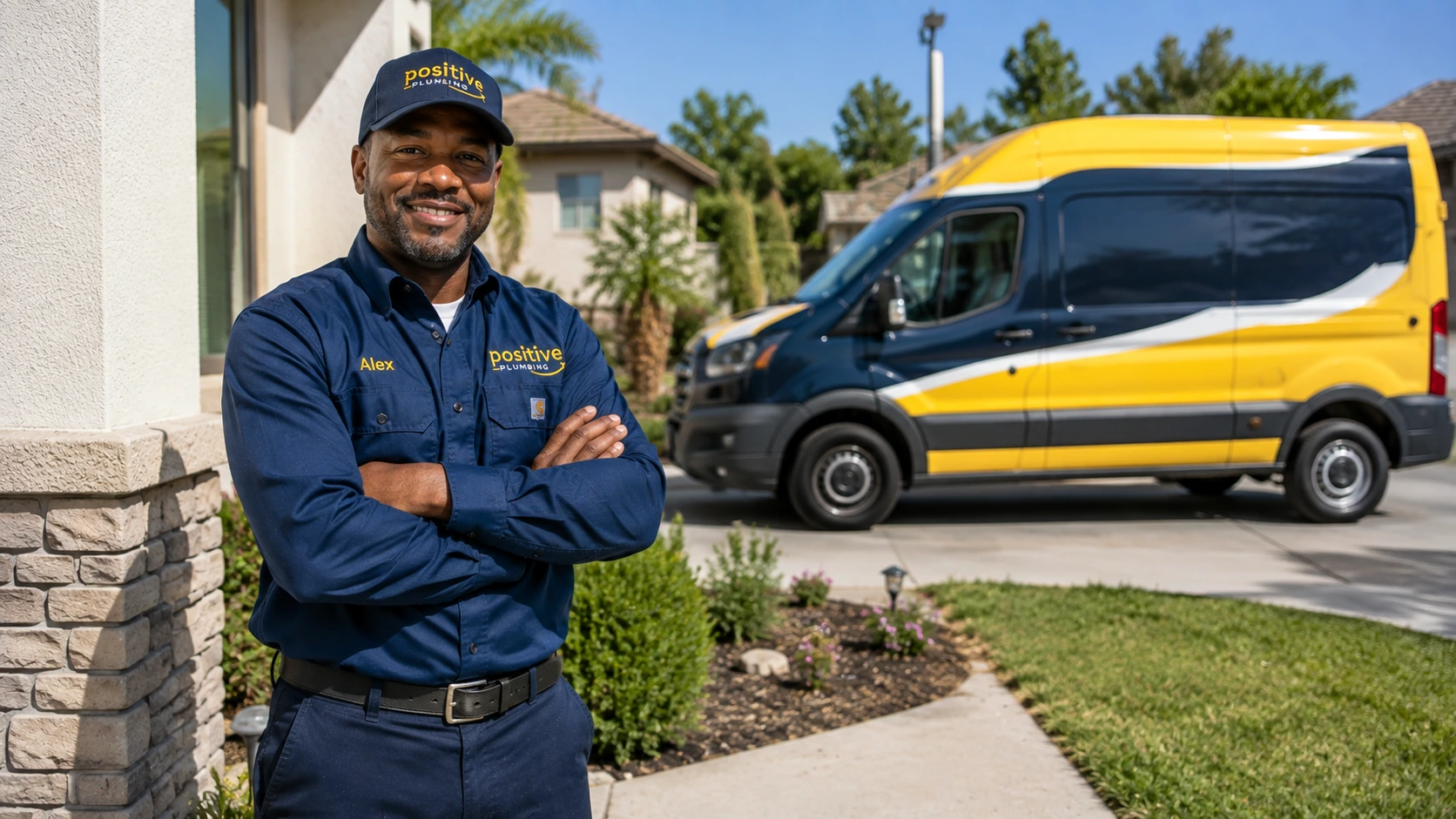 Positive Plumbing technician Alex outside an Orchard Hills, Irvine home following a residential gas line repair.