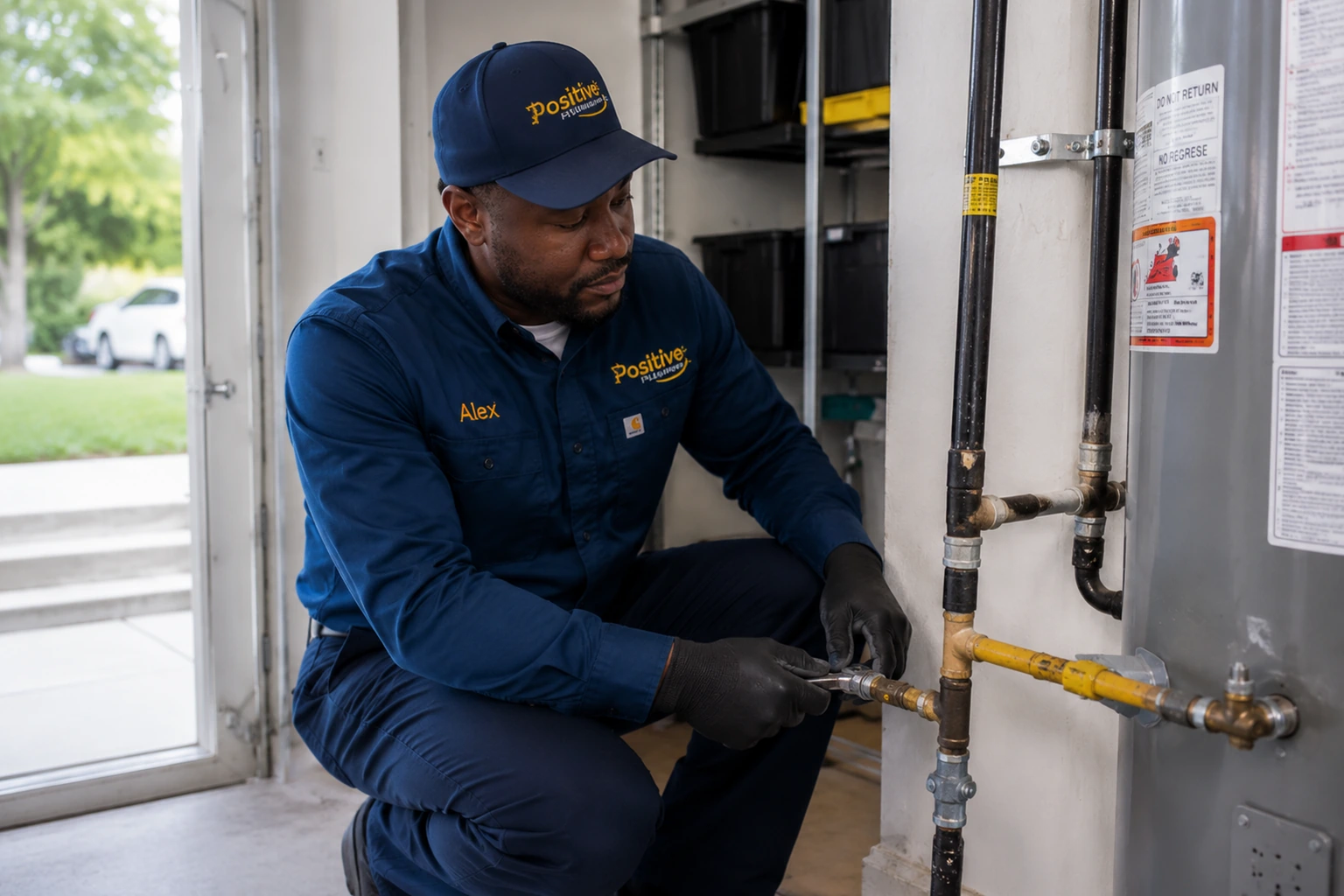 Positive Plumbing technician Alex repairing a residential gas line during a project in Orchard Hills, Irvine, CA.