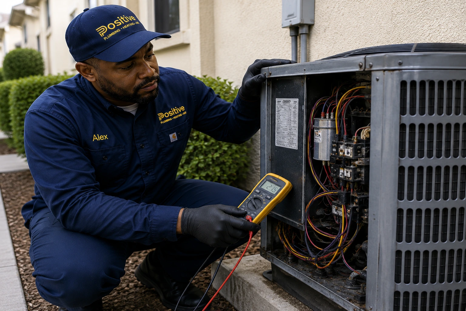 Positive Plumbing technician Alex inspecting electrical components of an aging AC system during a Northwood, Irvine replacement project.