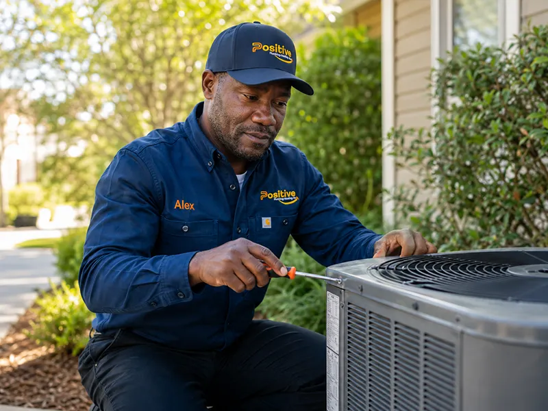 Positive Plumbing HVAC technician servicing an outdoor air conditioning unit in Orange County, CA