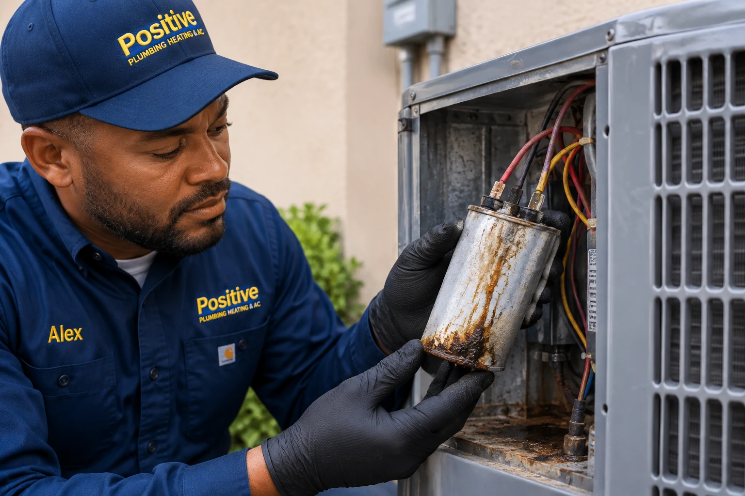 Positive Plumbing technician inspecting a failing AC capacitor.