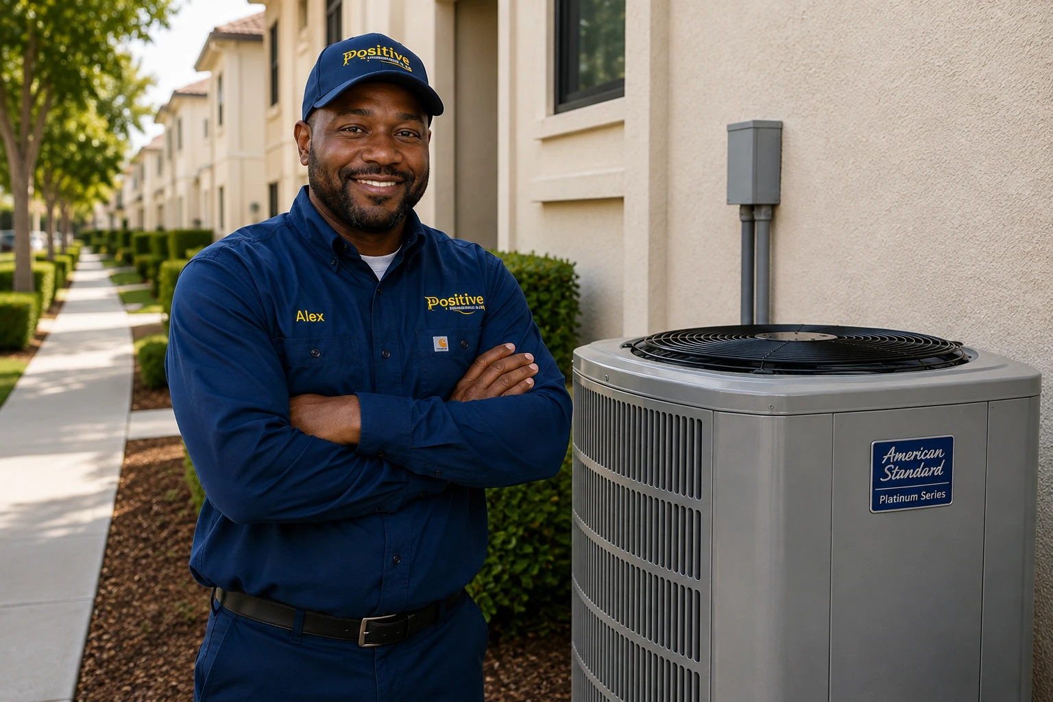 Positive Plumbing technician beside a repaired AC unit at a Turtle Rock townhome.