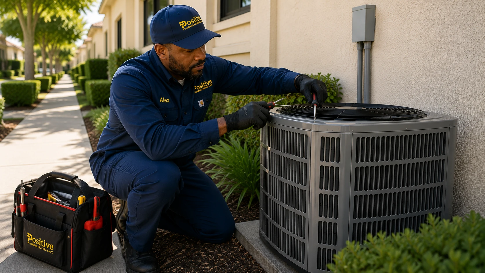 Positive Plumbing technician repairing restricted AC airflow at a Northwood home in Irvine, CA