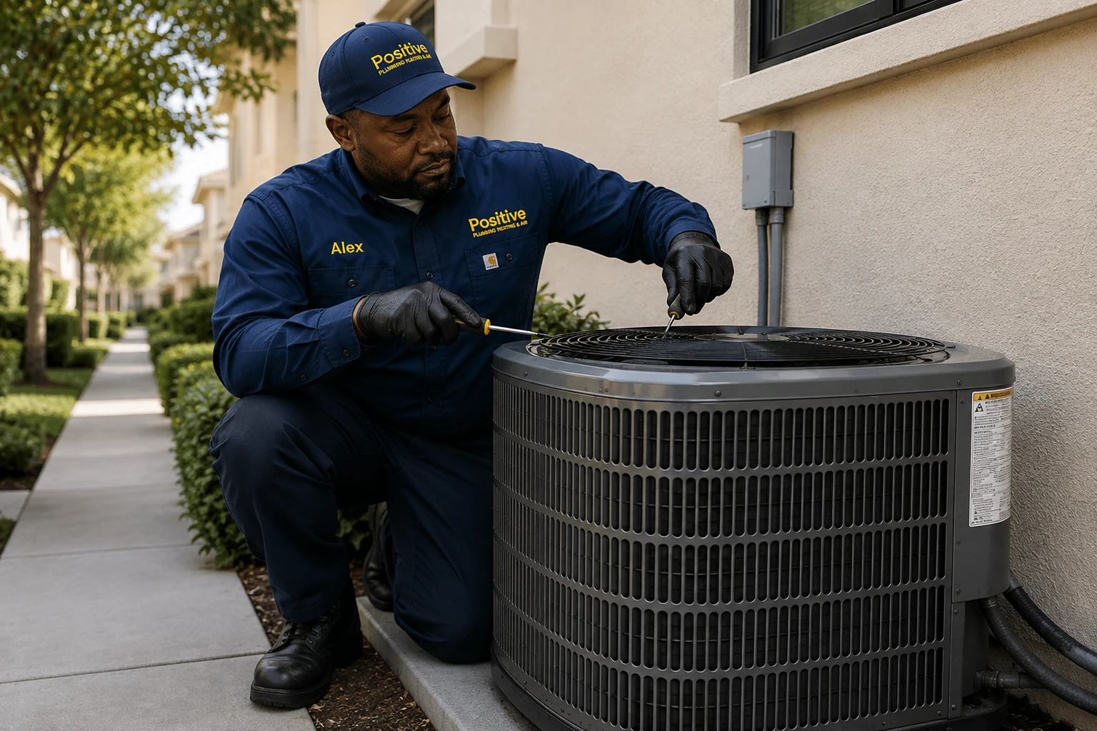 Positive Plumbing technician inspecting an outdoor AC unit at a Northwood home in Irvine, CA