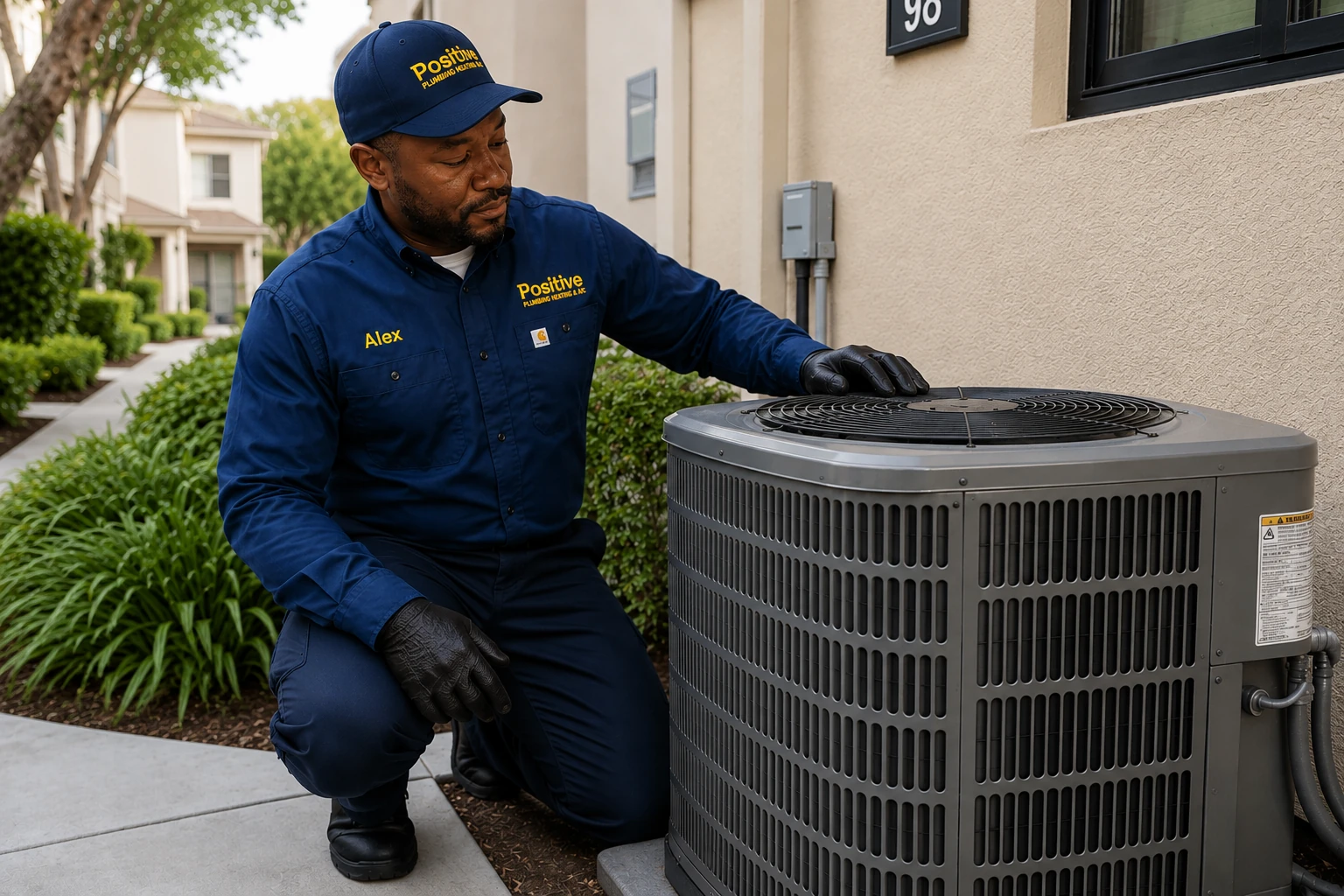 Positive Plumbing technician inspecting an outdoor AC unit at a Turtle Rock townhome.
