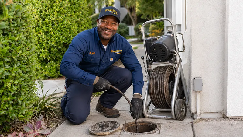 Positive Plumbing technician performing professional main sewer line cleaning