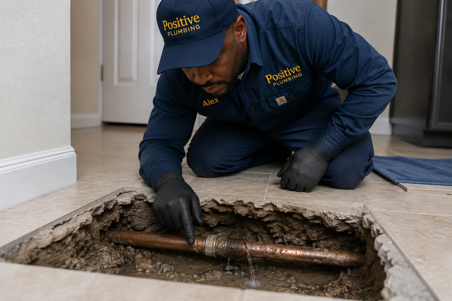 Positive Plumbing technician Alex inspecting an exposed leaking water line beneath the concrete slab during a repair in Turtle Rock, Irvine, CA.