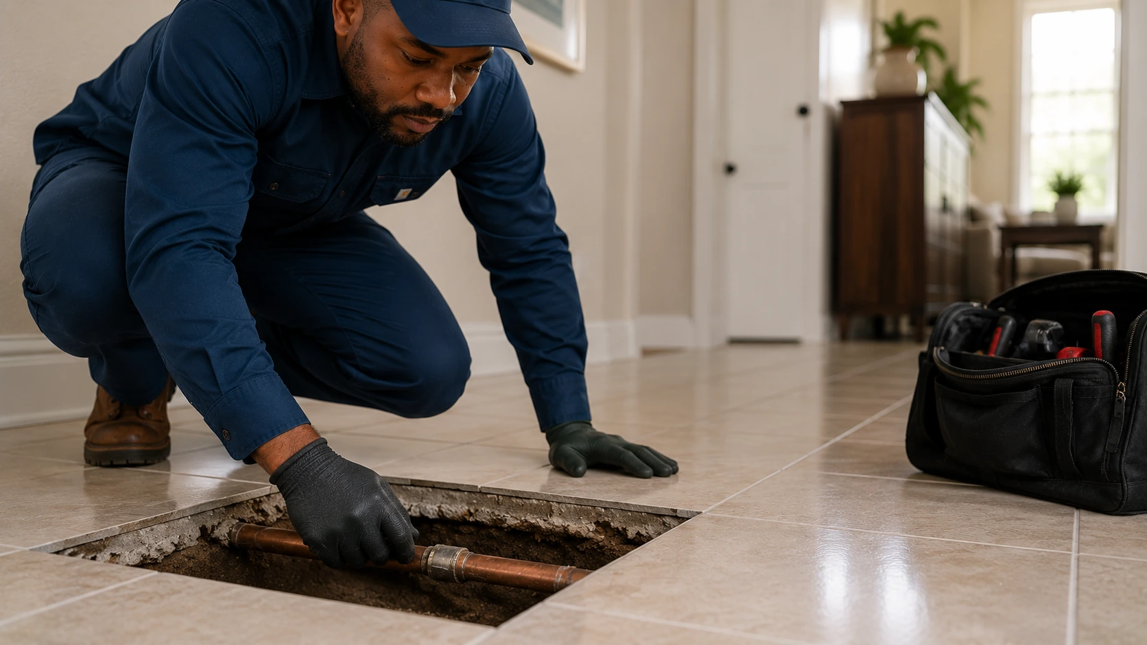Positive Plumbing technician repairing an exposed plumbing line beneath the concrete slab during a slab leak repair in Turtle Rock, Irvine, CA.