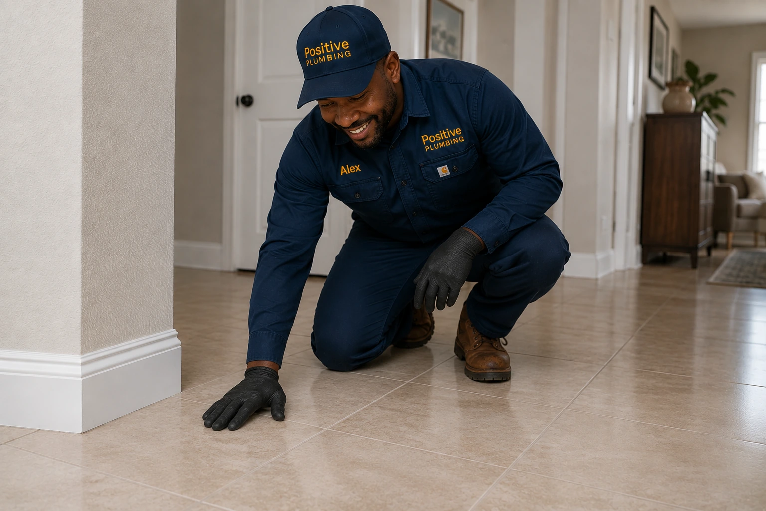 Positive Plumbing technician Alex inspecting the restored floor after completing a slab leak repair in Turtle Rock, Irvine, CA.