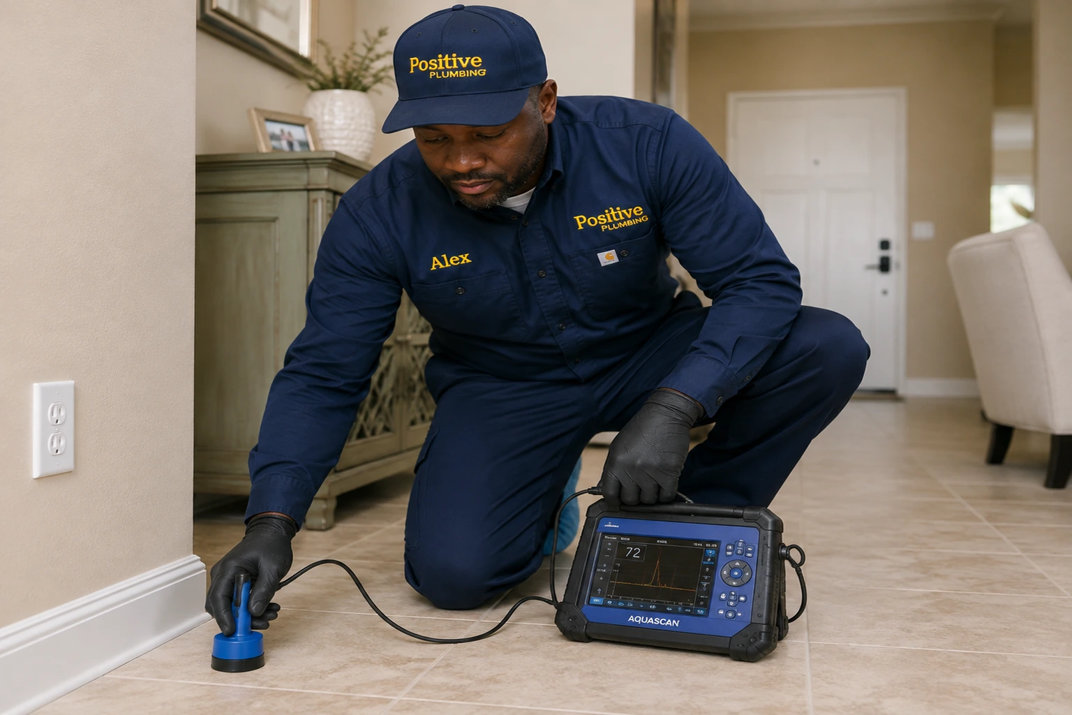 Positive Plumbing technician Alex using leak detection equipment to locate a concealed plumbing leak beneath the floor in Turtle Rock, Irvine, CA.