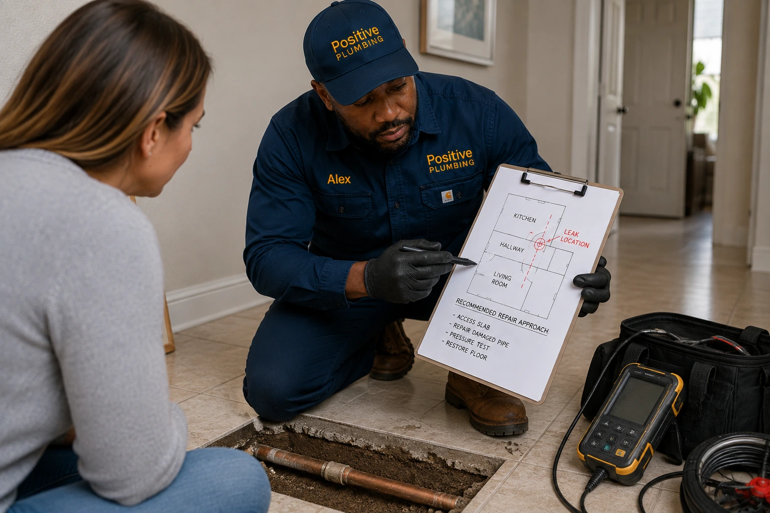Positive Plumbing technician Alex reviewing the repair approach for an exposed plumbing line beneath the concrete slab in Turtle Rock, Irvine, CA.