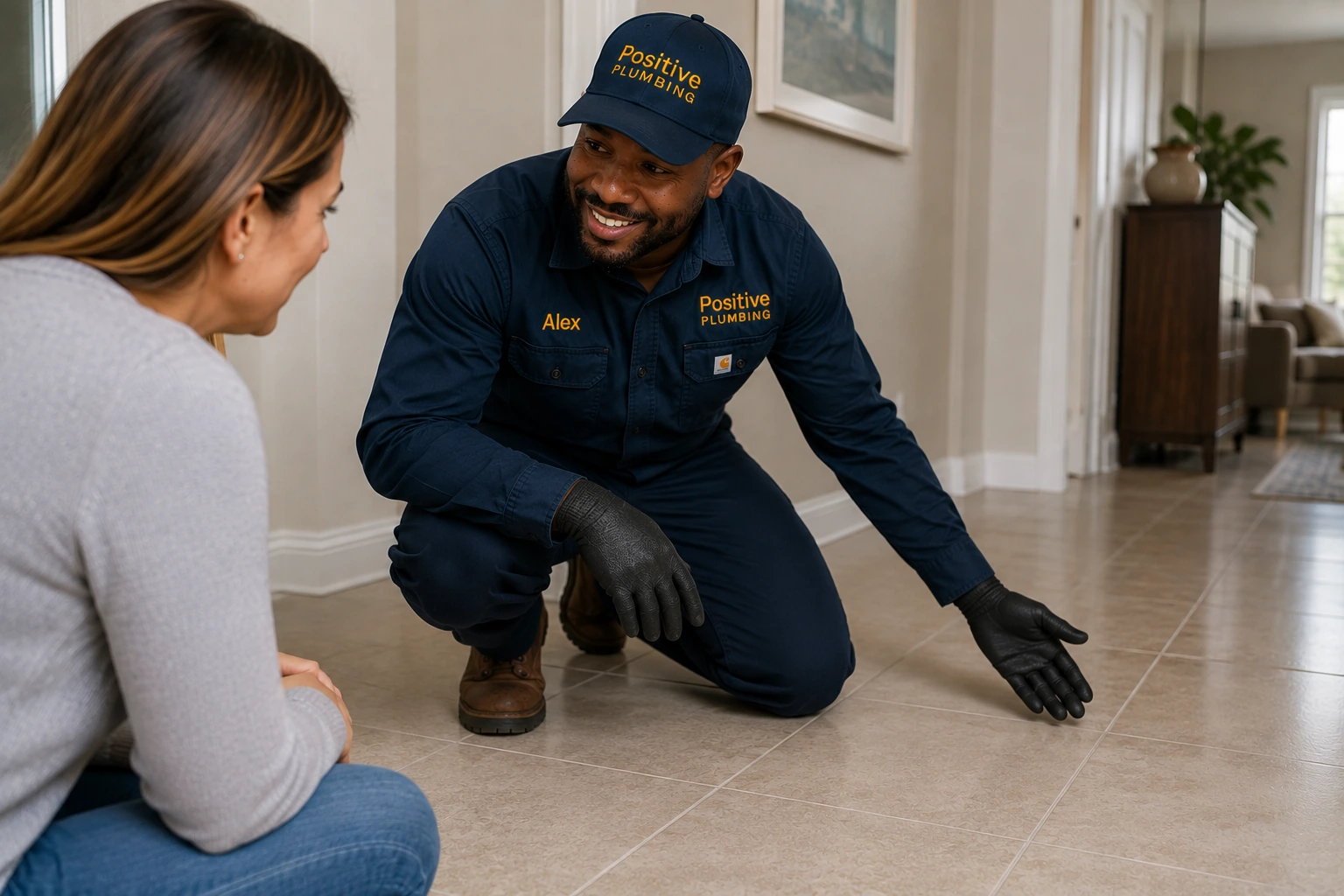 Positive Plumbing technician Alex reviewing the completed slab leak repair and restored floor with a homeowner in Turtle Rock, Irvine, CA.
