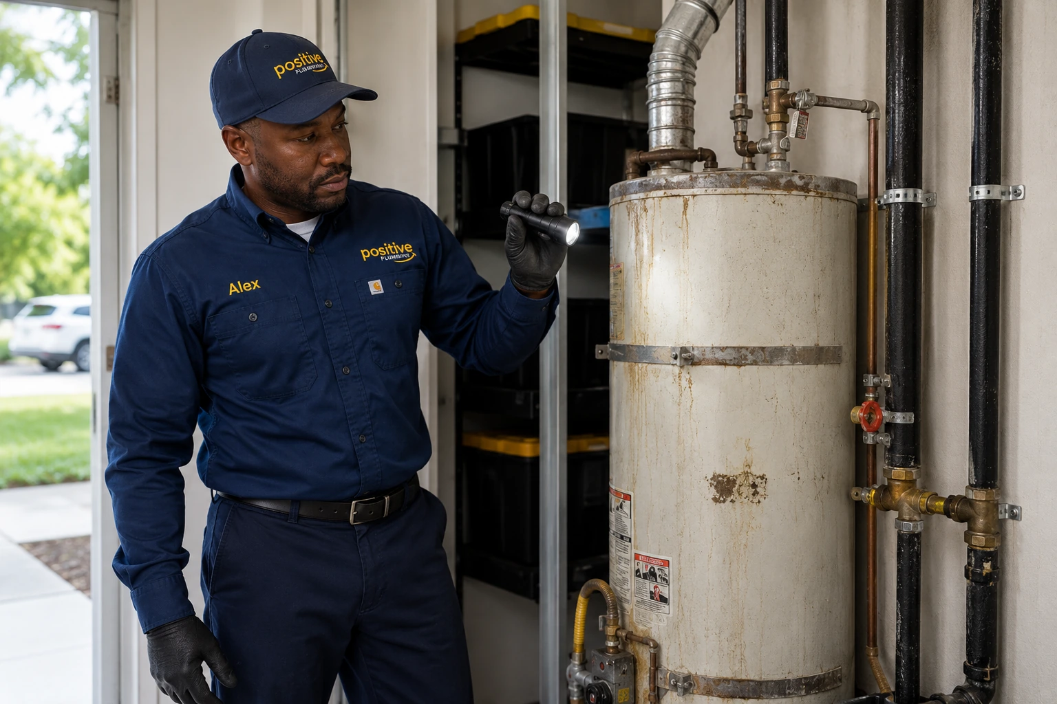 Positive Plumbing technician Alex inspecting an older water heater before a tankless water heater installation in Quail Hill, Irvine, CA.