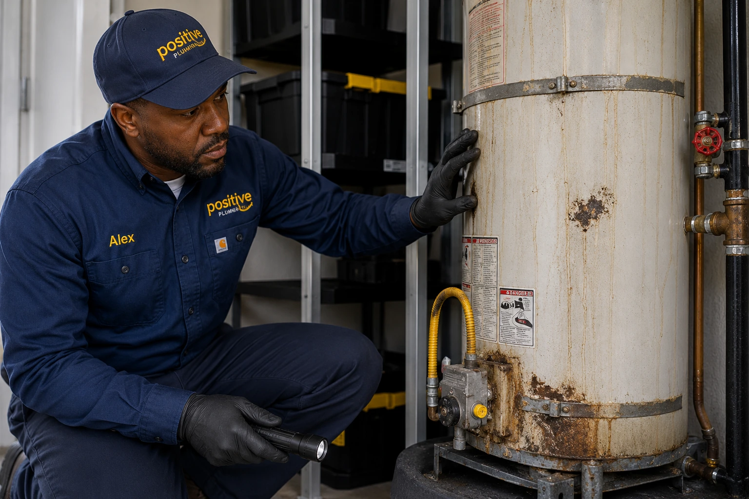 Positive Plumbing technician Alex inspecting the condition of an older water heater before a tankless installation in Quail Hill, Irvine, CA.