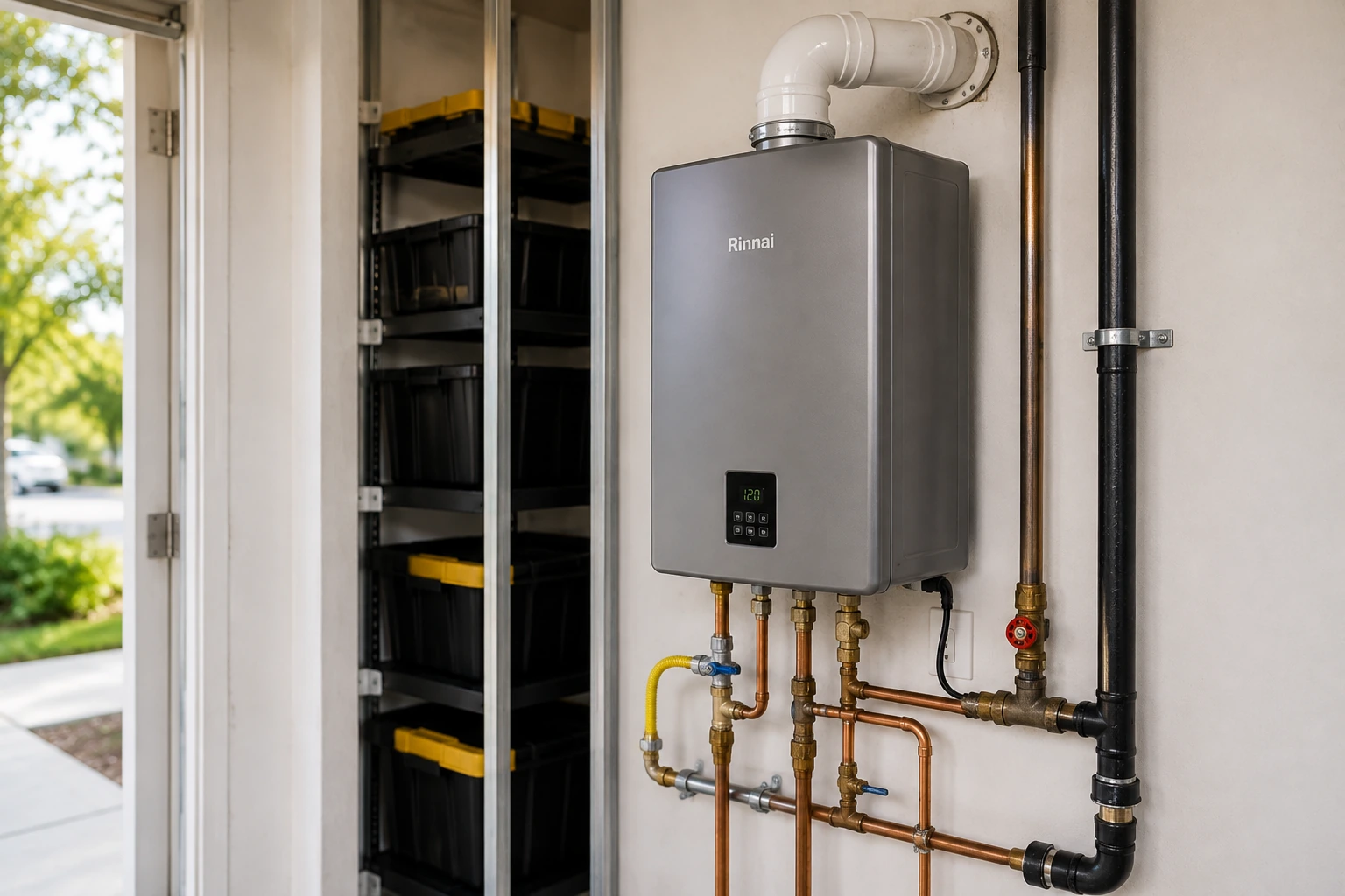 Completed tankless water heater installation with new plumbing connections in Quail Hill, Irvine, CA.