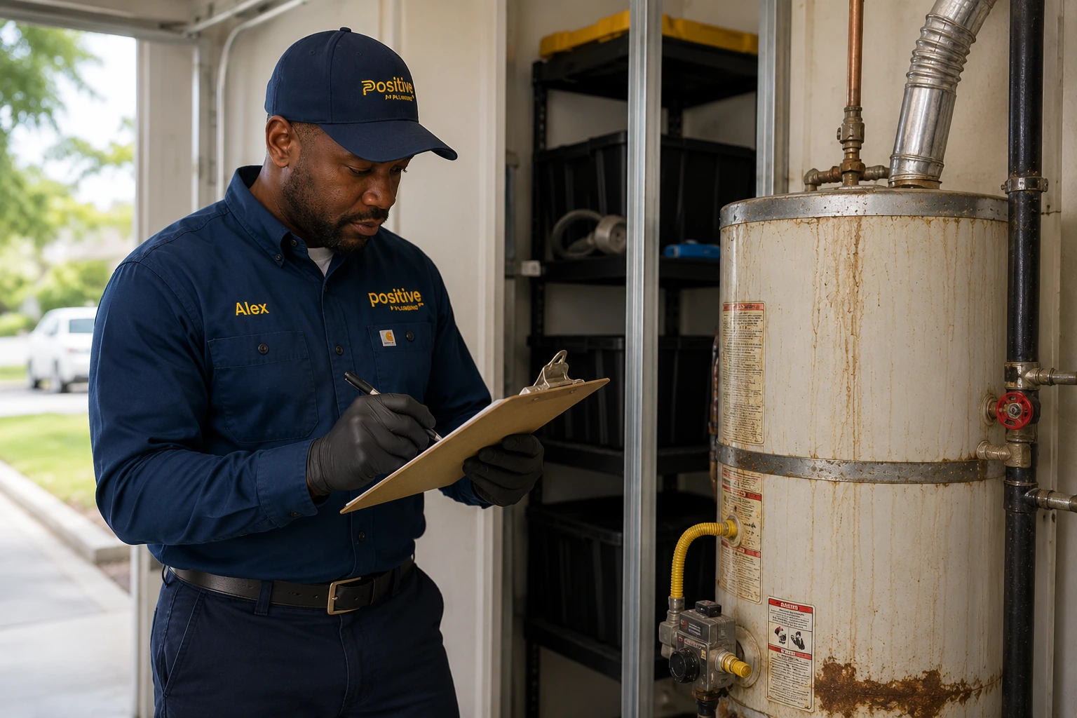 Positive Plumbing technician Alex evaluating the existing water heater setup while planning a tankless water heater installation in Quail Hill, Irvine, CA.