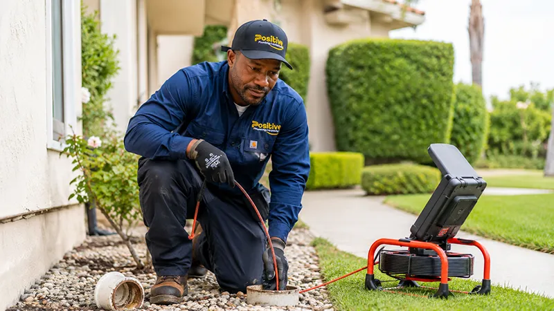 Positive Plumbing technician inspecting a sewer line for underlying drainage problems