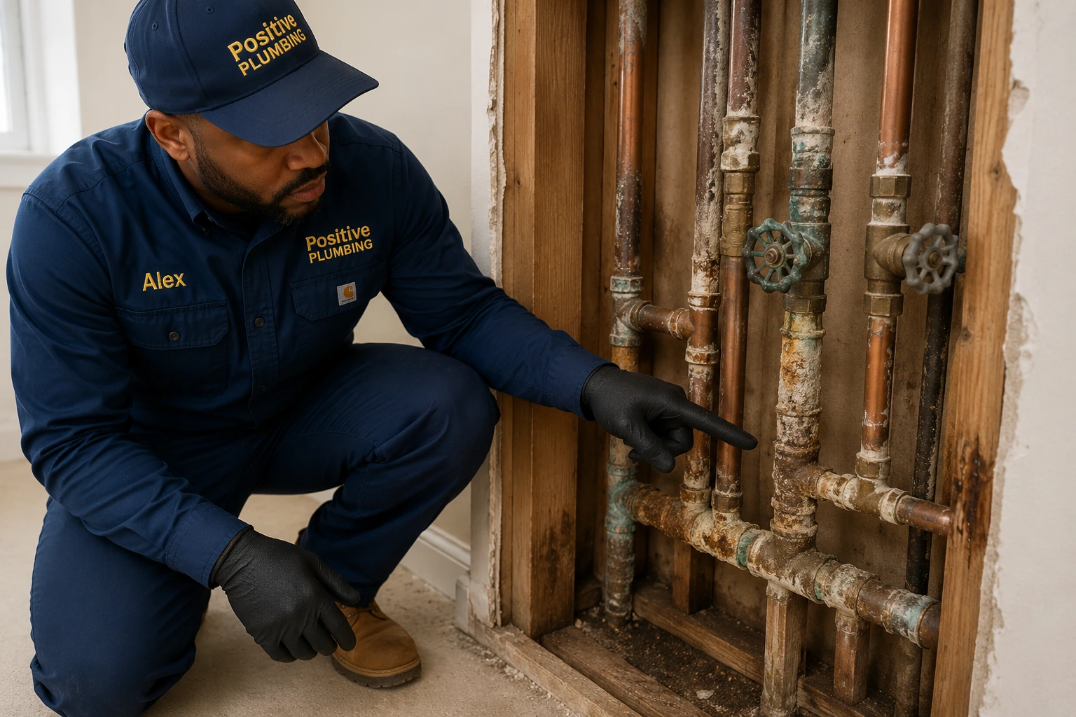 Positive Plumbing technician Alex inspecting aging and deteriorated water-supply piping before a whole-home repiping project in Westpark, Irvine, CA.