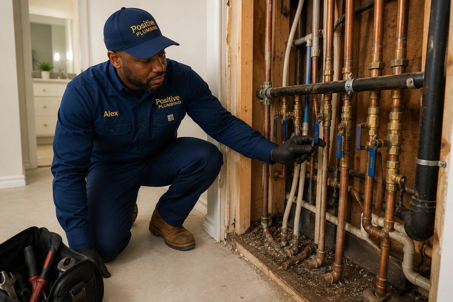 Positive Plumbing technician Alex inspecting existing water-supply piping before a whole-home repiping project in Westpark, Irvine, CA.