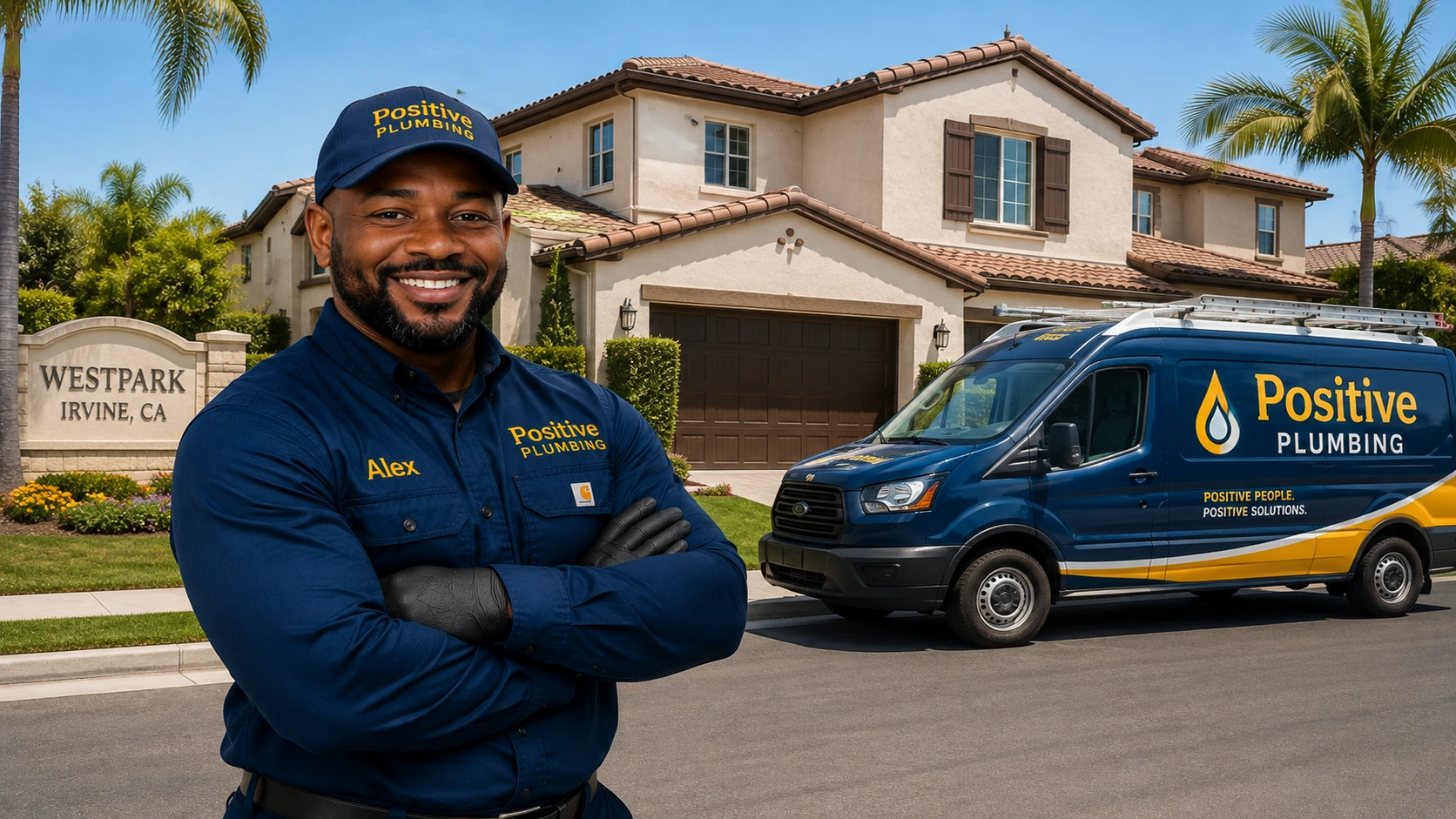 Positive Plumbing technician Alex outside a Westpark, Irvine home after completing a whole-home repiping project.