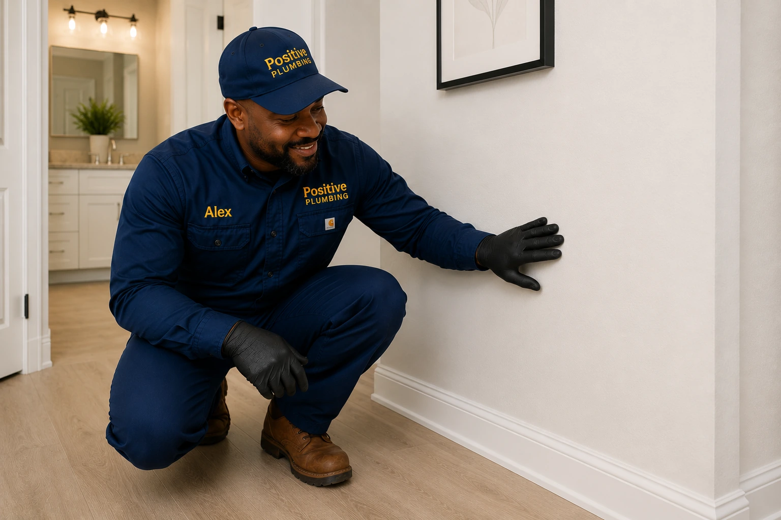 Positive Plumbing technician Alex inspecting the restored wall after completing a whole-home repiping project in Westpark, Irvine, CA.