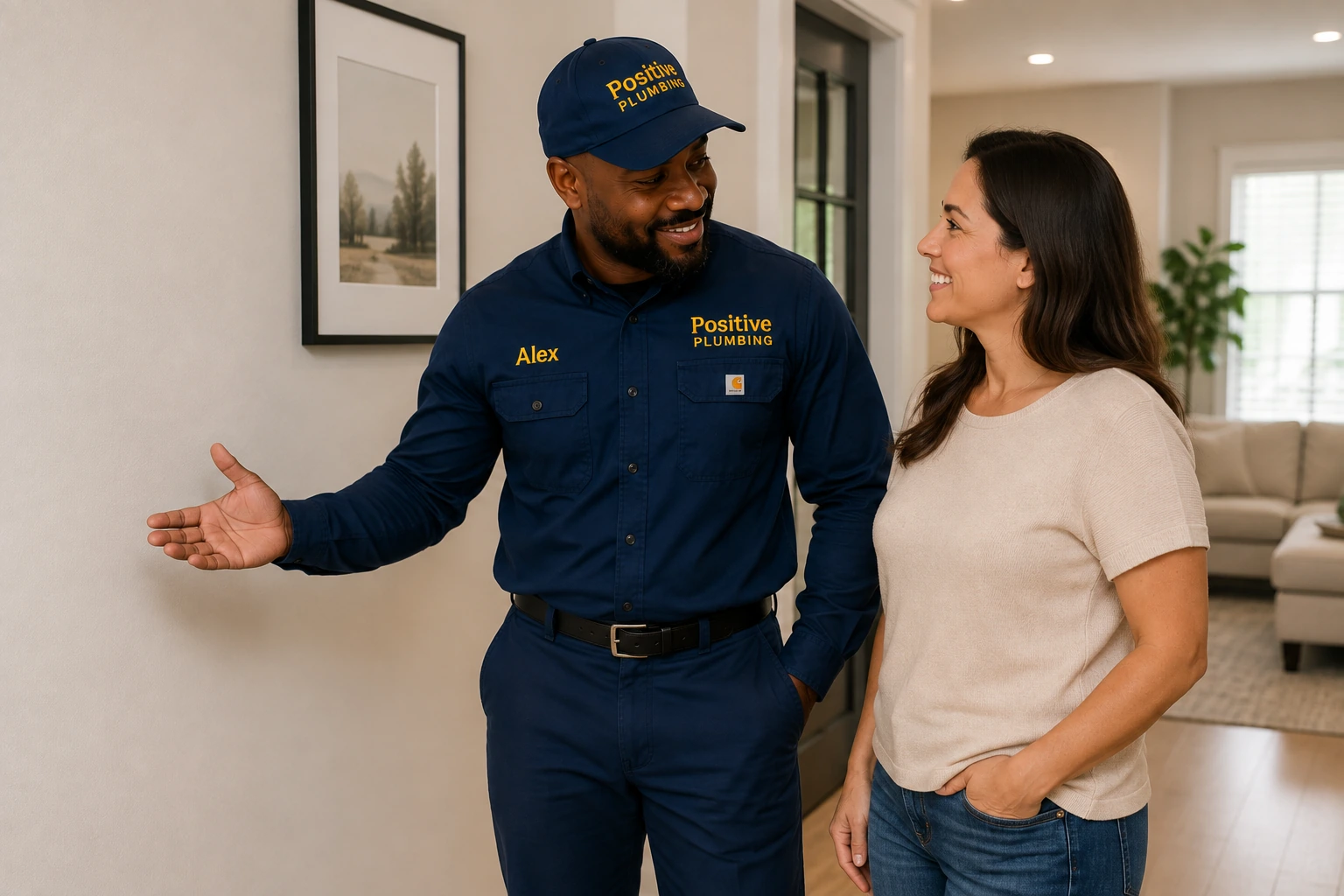Positive Plumbing technician Alex reviewing the completed whole-home repiping project with a homeowner in Westpark, Irvine, CA.