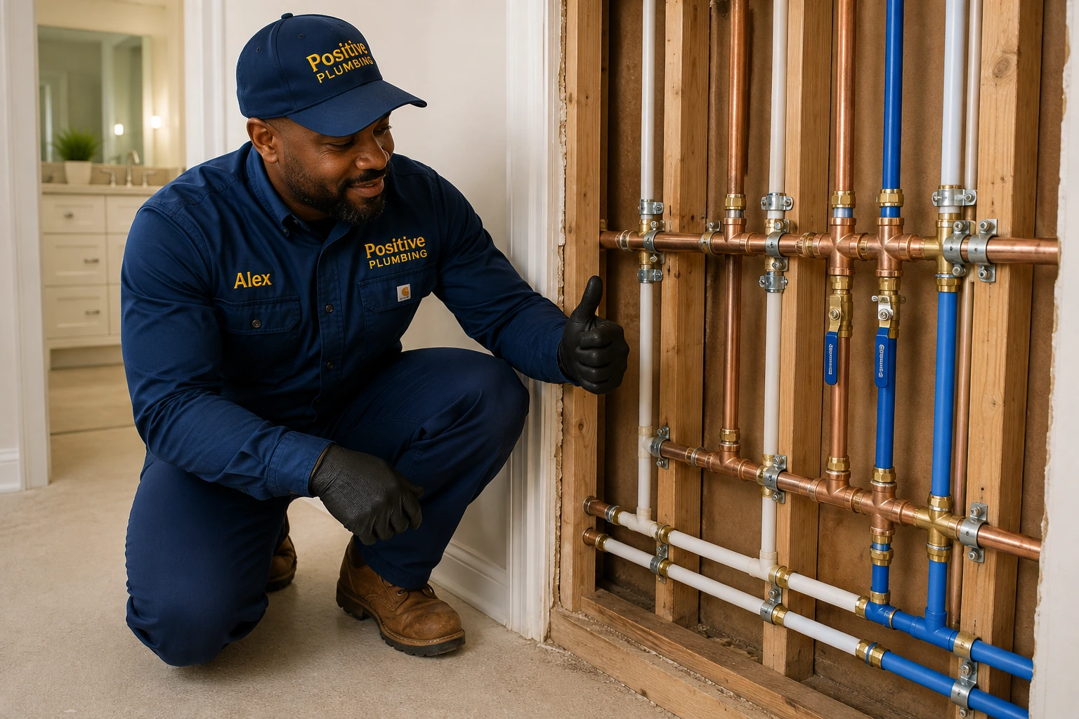 Positive Plumbing technician Alex inspecting newly installed water-supply piping during a whole-home repiping project in Westpark, Irvine, CA.