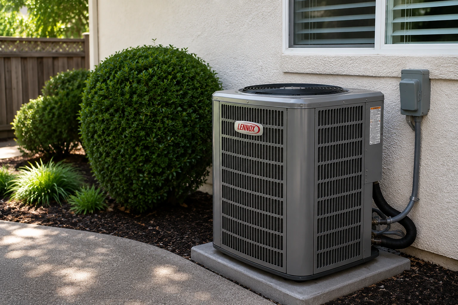 Outdoor AC unit operating after residential AC repair service at a single-family home in Woodbridge, Irvine, CA.