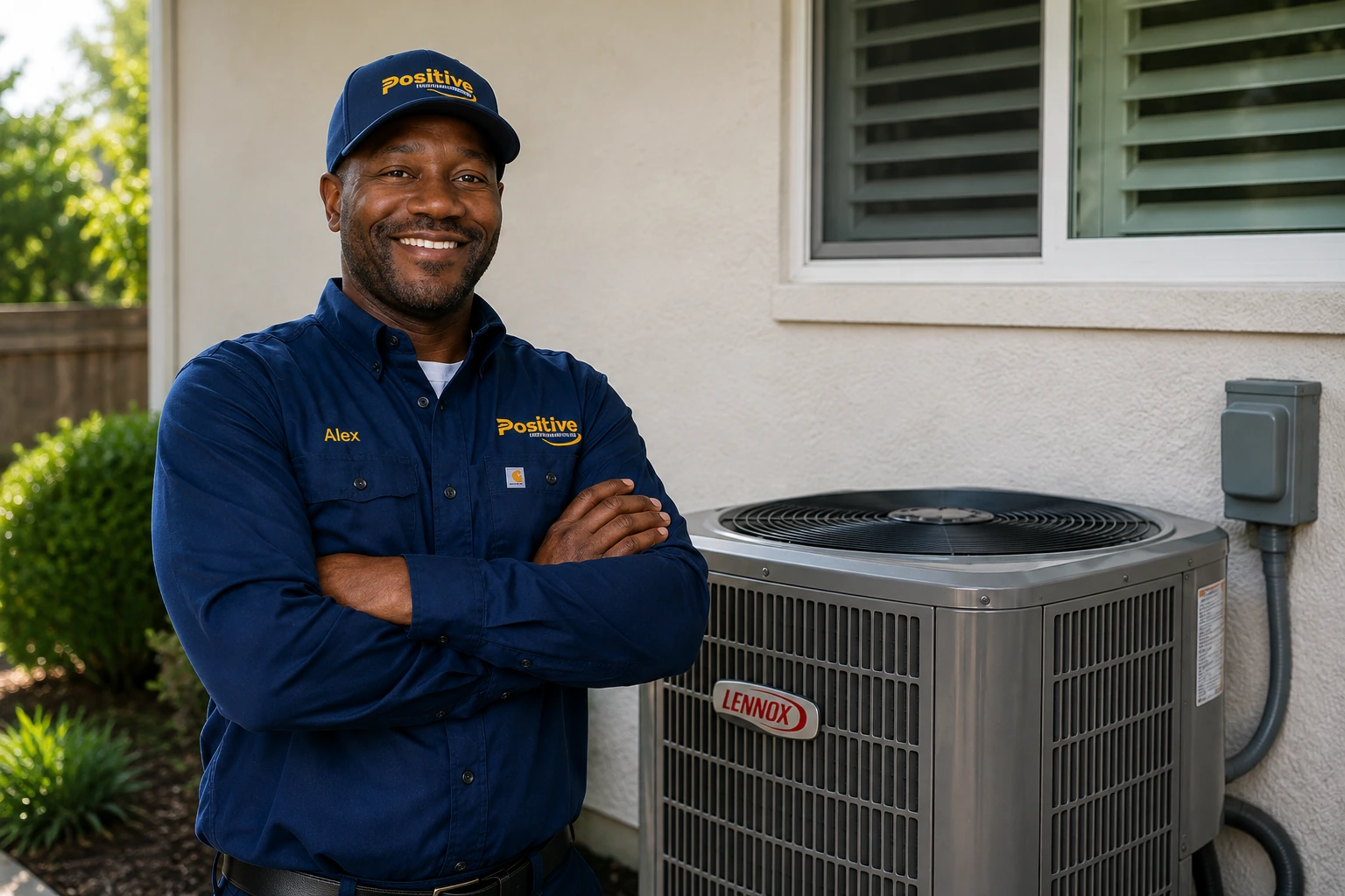 Positive Plumbing AC repair technician beside a serviced outdoor air conditioning unit in Woodbridge, Irvine, CA.