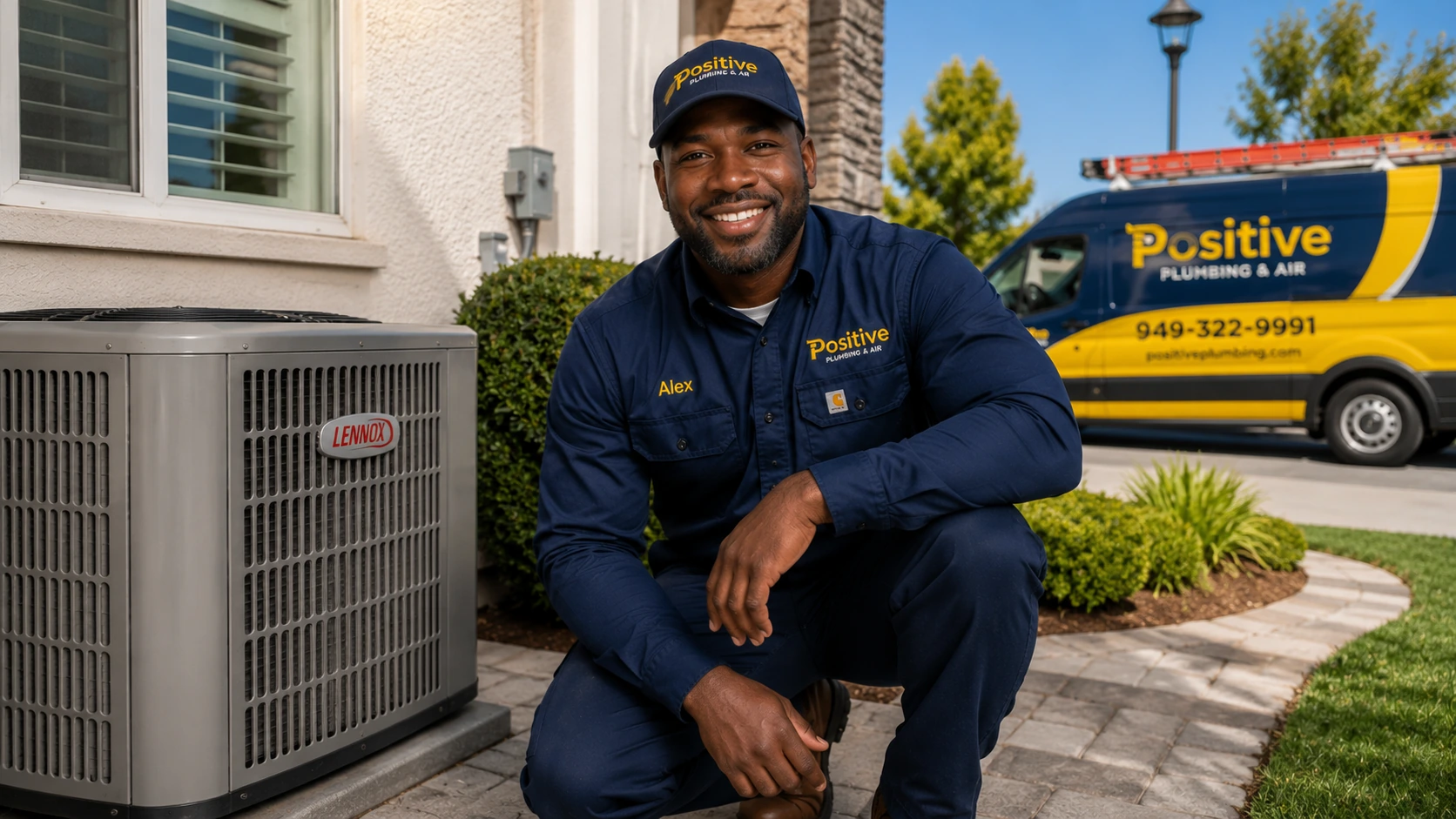 Positive Plumbing technician beside an outdoor AC unit at a single-family home during an AC repair project in Woodbridge, Irvine, CA.