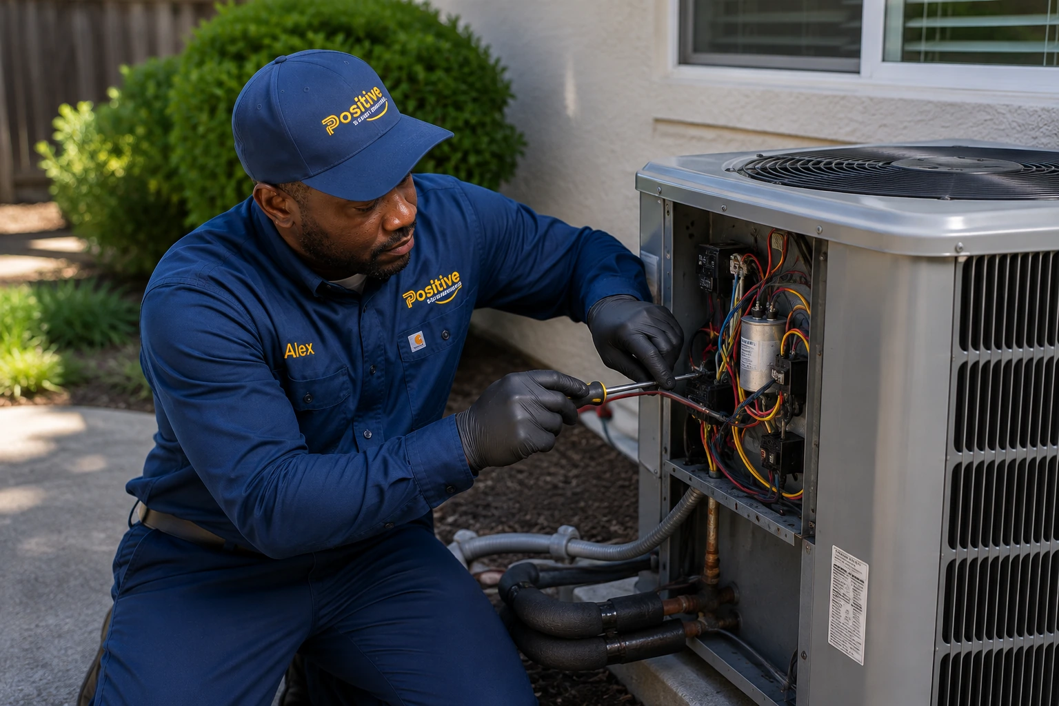 Positive Plumbing technician performing residential AC repair on an outdoor unit in Woodbridge, Irvine, CA.