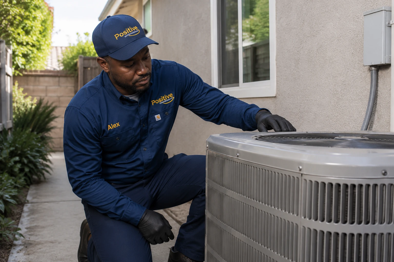 AC repair technician inspecting an outdoor air conditioning unit at a single-family home in Woodbridge, Irvine, CA.