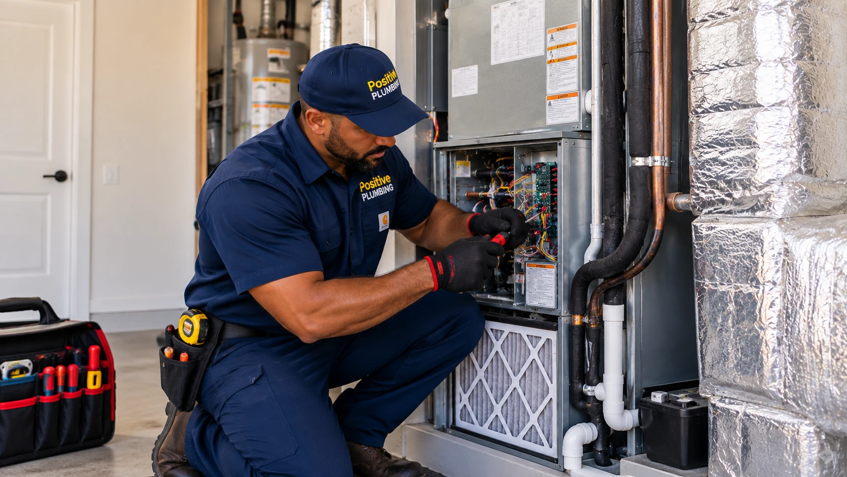 Alex working on an indoor air handler during an AC installation at a home in Orchard Hills, Irvine, CA.