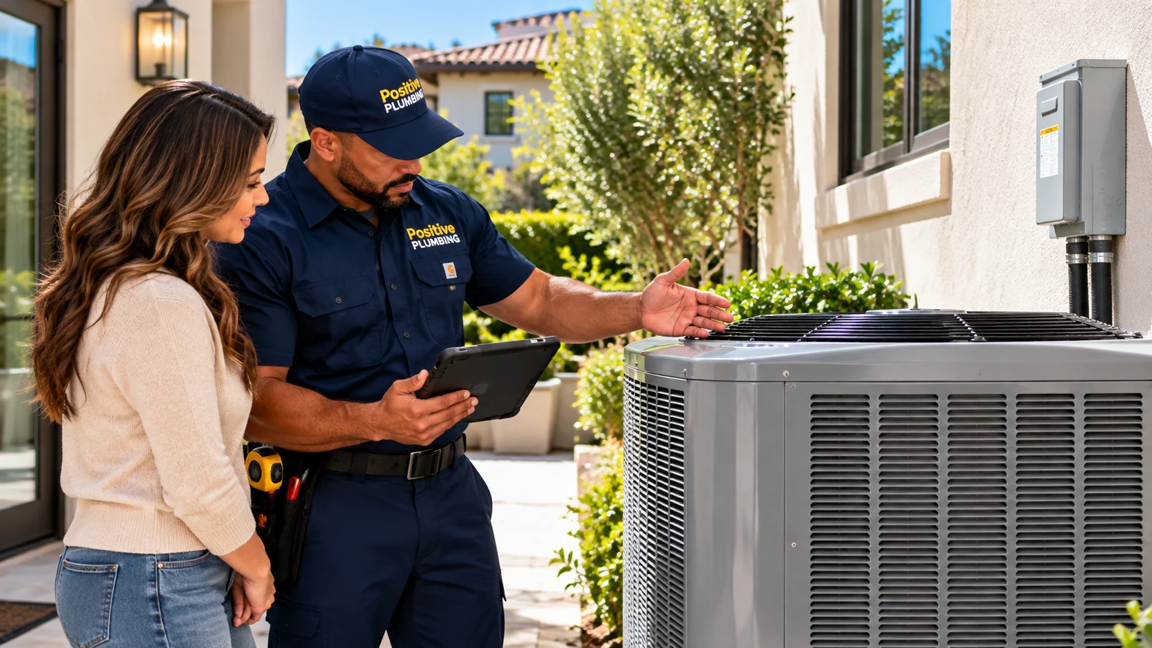 Alex showing the homeowner the completed AC installation and new outdoor air conditioning unit in Orchard Hills, Irvine, CA.