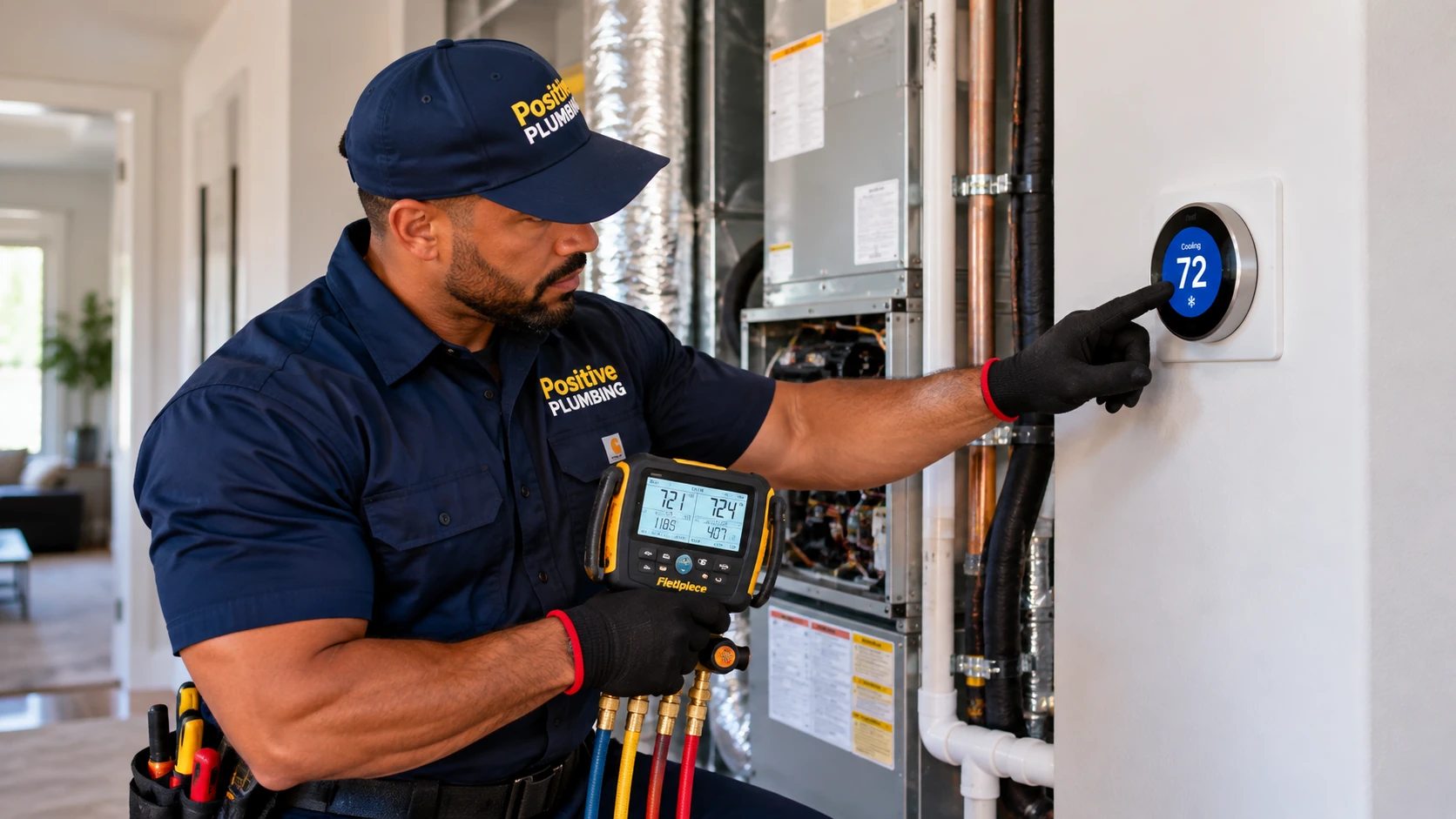 Alex testing the thermostat and new air conditioning system after AC installation at a home in Orchard Hills, Irvine, CA.