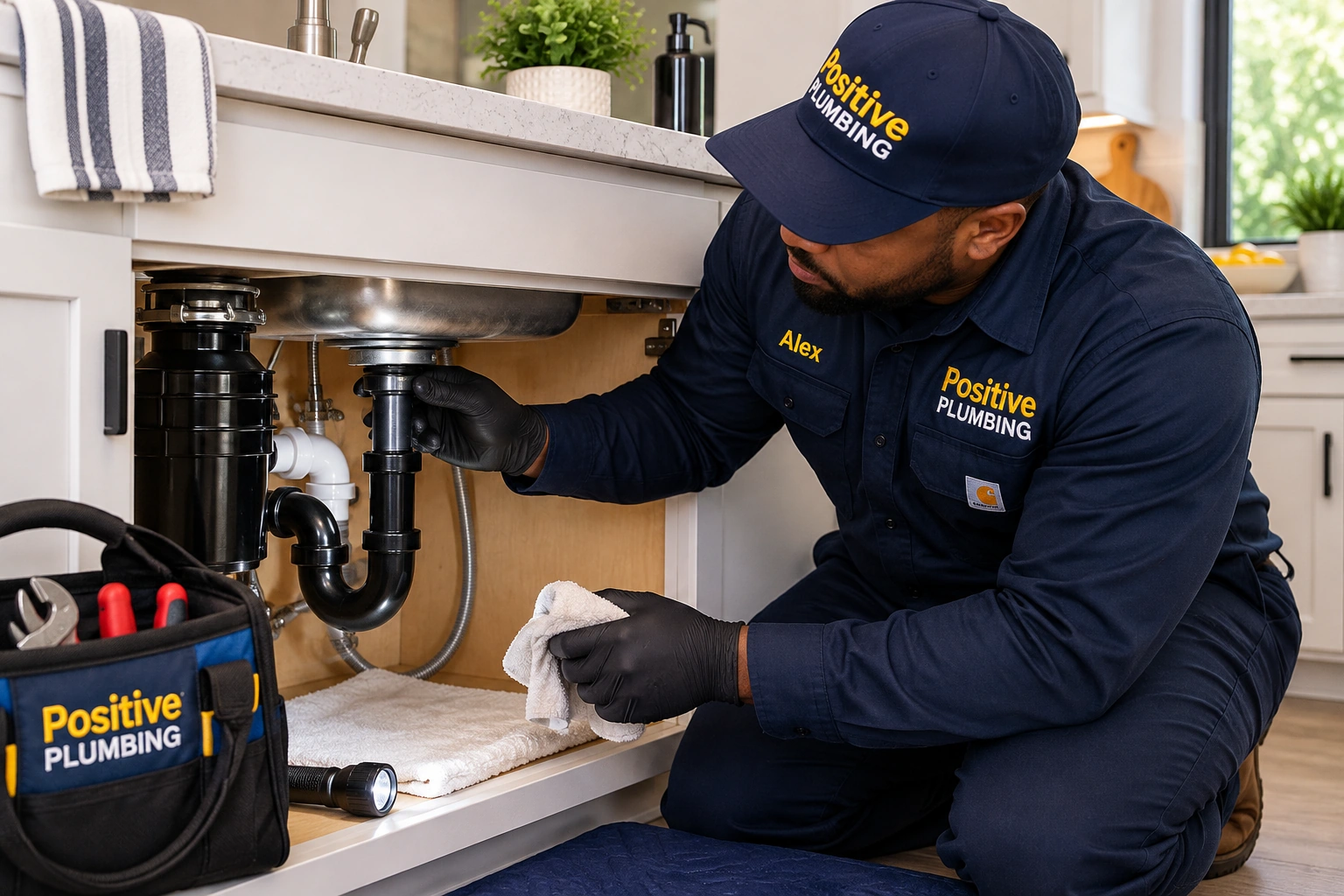 Alex from Positive Plumbing checking the kitchen drain connections for leaks after completing clogged drain cleaning at a Woodbridge home in Irvine, CA.