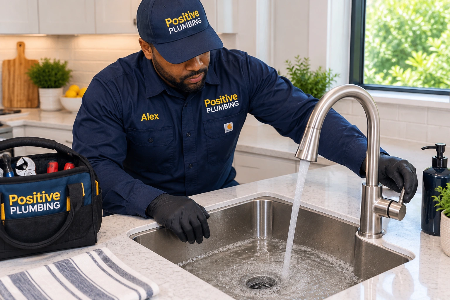 Alex from Positive Plumbing testing water flow through the kitchen drain after completing clogged drain cleaning at a Woodbridge home in Irvine, CA.
