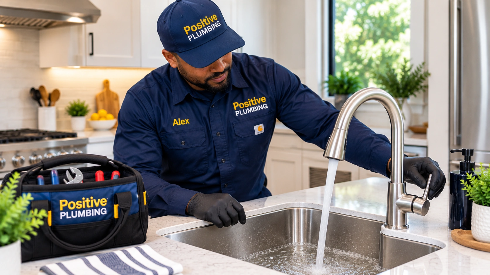 Alex from Positive Plumbing testing a kitchen drain during clogged drain cleaning service at a Woodbridge home in Irvine, CA.