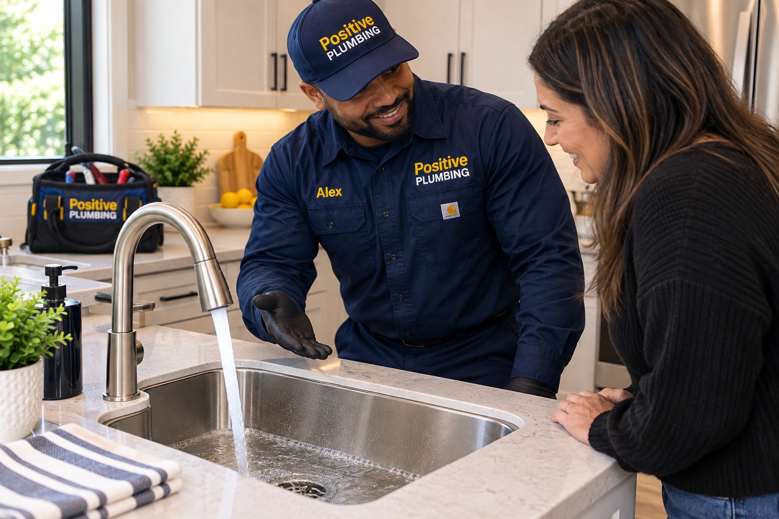 Alex from Positive Plumbing showing a Woodbridge homeowner the restored kitchen drain after completing clogged drain cleaning in Irvine, CA.
