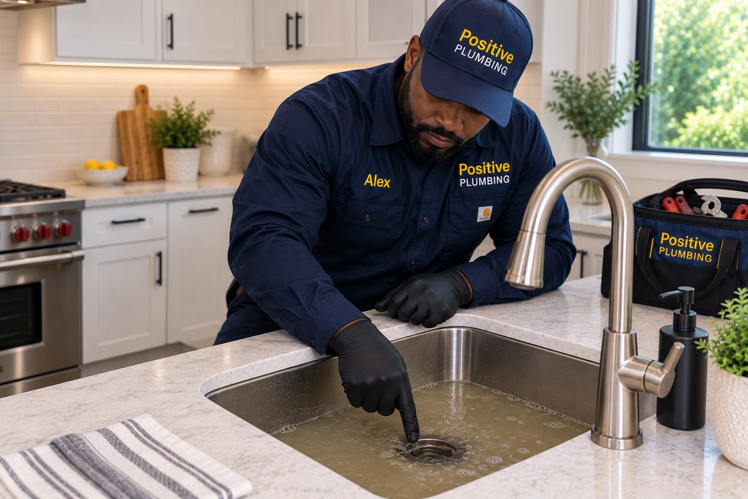 Alex from Positive Plumbing inspecting standing water caused by a clogged drain at a Woodbridge home in Irvine, CA.