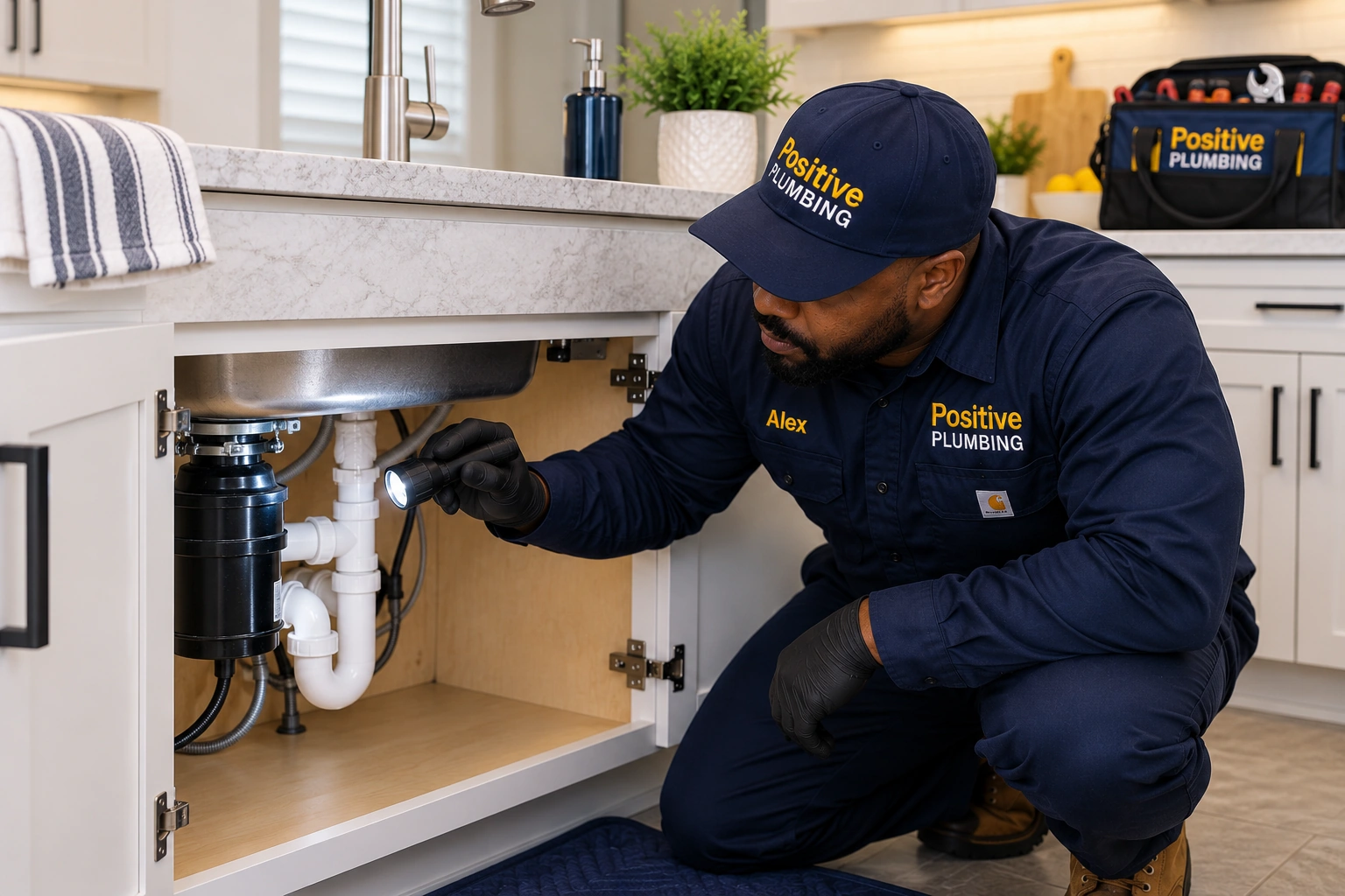 Alex from Positive Plumbing inspecting the accessible plumbing beneath the clogged kitchen drain at a Woodbridge home in Irvine, CA.