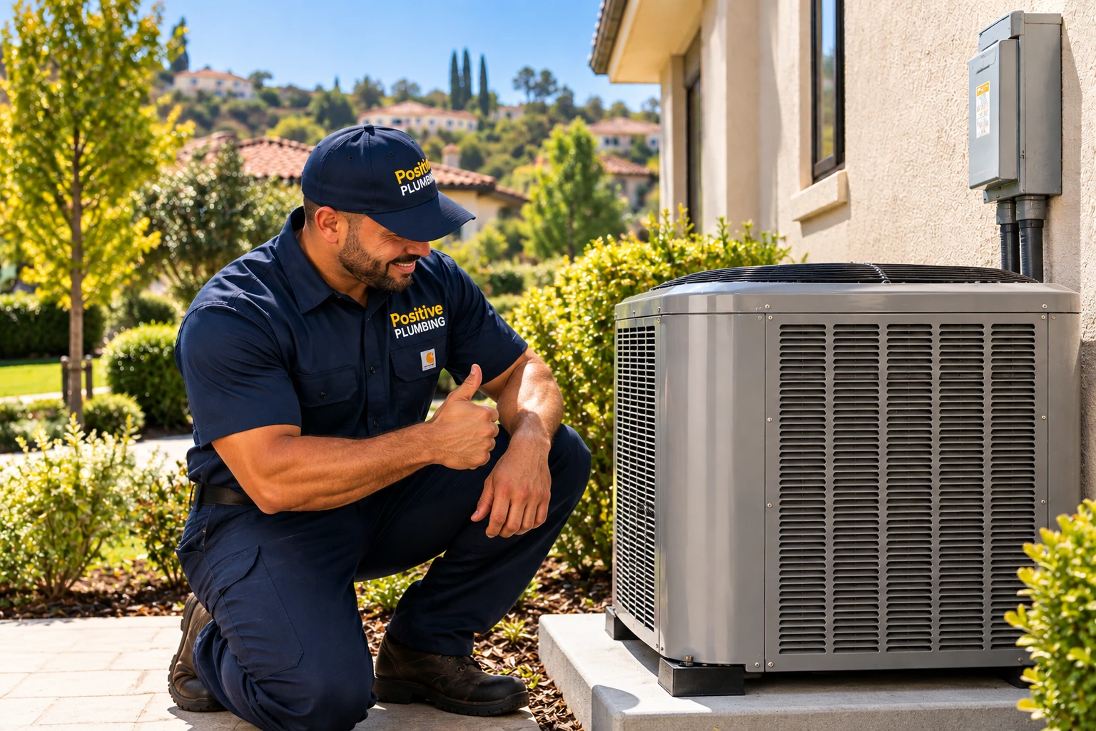 Alex beside the newly installed outdoor HVAC unit after completing an HVAC system replacement in Quail Hill, Irvine, CA.