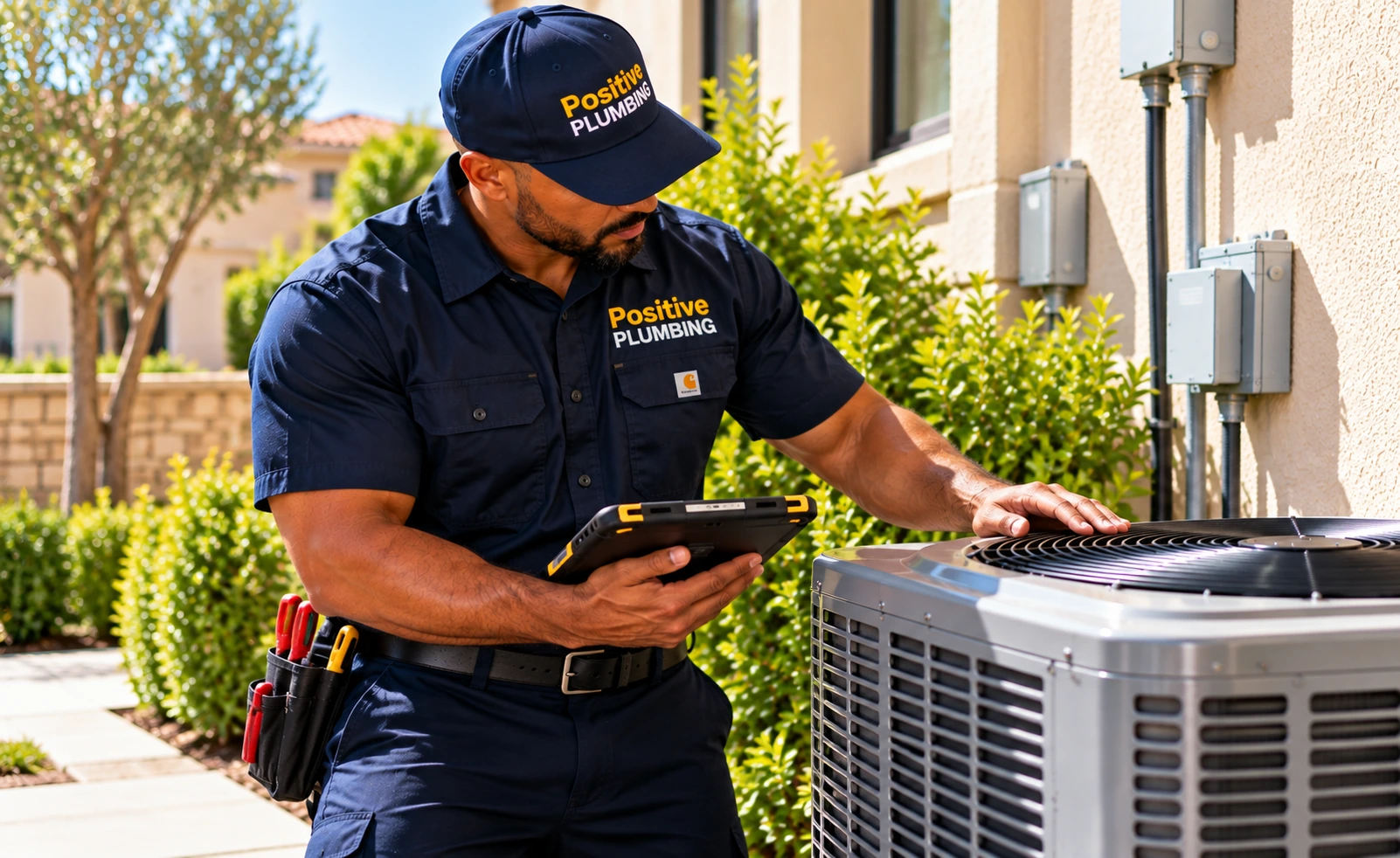 Alex inspecting the air conditioning system after completing an AC repair in Eastwood Village, Irvine, CA.